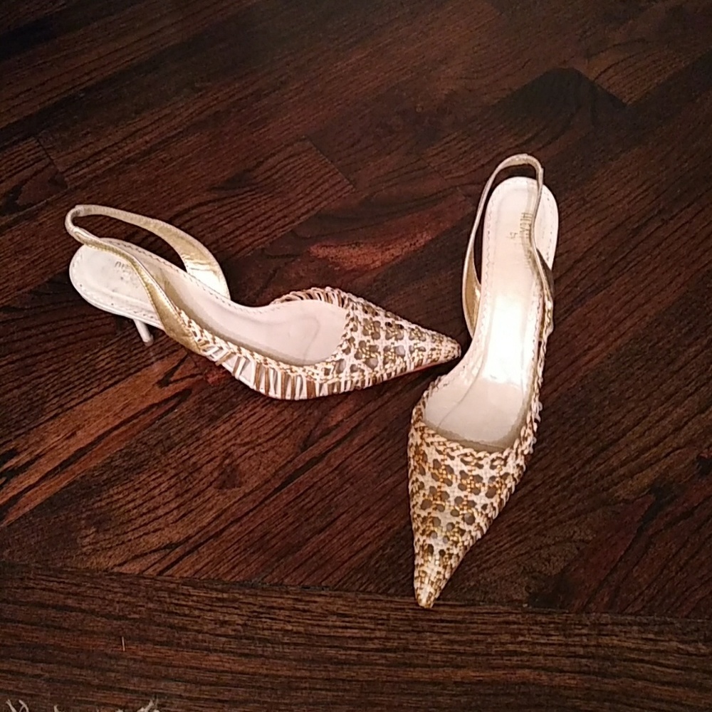 White and Gold Alexa Perri Kitten Heels